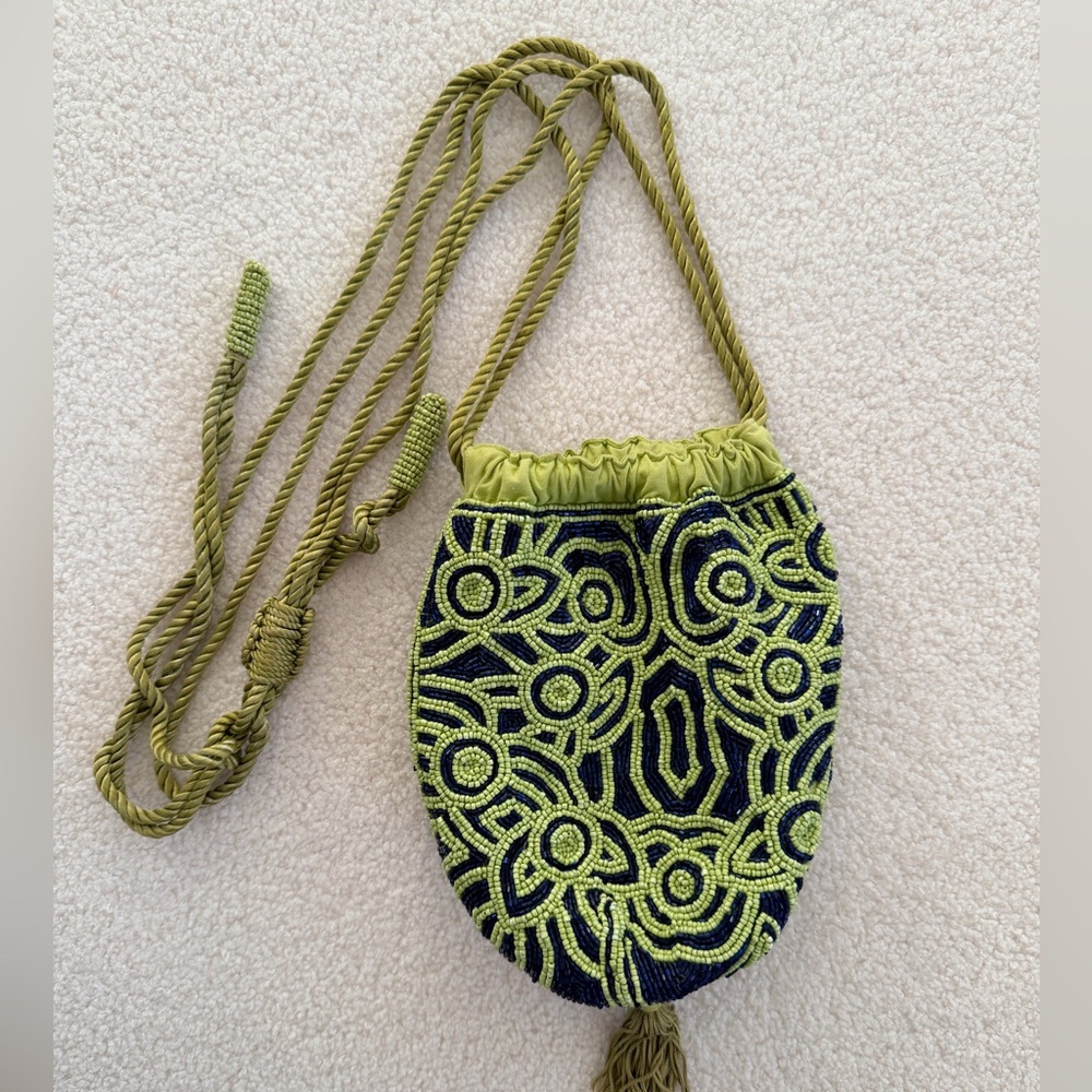 Free People Lime Green and Black Beaded Drawstring Crossbody